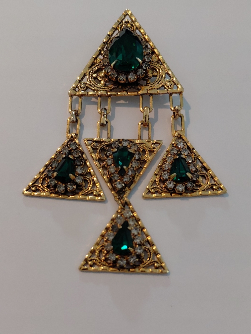 Gold-Tone Green Gem Triangle Dangle Pin- Women Jewelry
